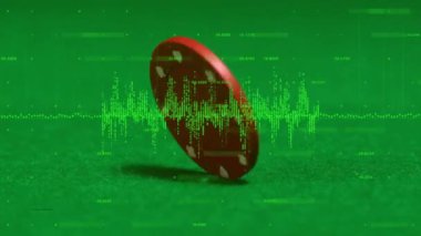 Yeşil arka plandaki çip üzerinden finansal veri işleme animasyonu. Gambilng, finans ve dijital arayüz kavramı dijital olarak oluşturuldu.