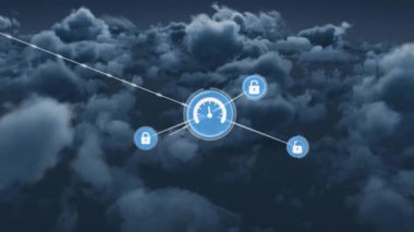 Karanlık bulutlara karşı dijital simge ağının animasyonu. Küresel ağ ve iş teknolojisi kavramı