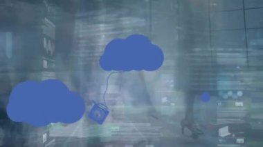 Teknoloji simgeleriyle oluşturulan dünya ile finansal veri işlemenin animasyonu. Küresel teknoloji bağlantıları ve veri işleme kavramı dijital olarak oluşturuldu.