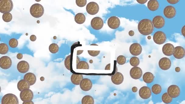 Animação Moedas Loop Cadeado Preto Contra Céu Nublado Digital Composto — Vídeo de Stock