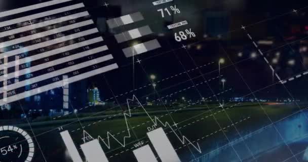 Animation Der Statistischen Datenverarbeitung Gegen Den Nächtlichen Stadtverkehr Computerschnittstelle Und — Stockvideo