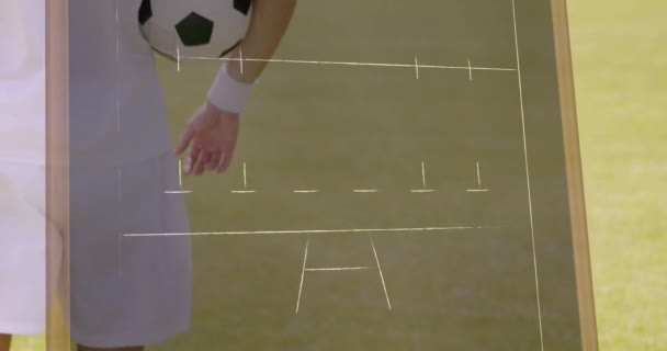 Animación Planes Juego Sobre Jugador Fútbol Caucásico Estadio Concepto Deporte — Vídeo de stock