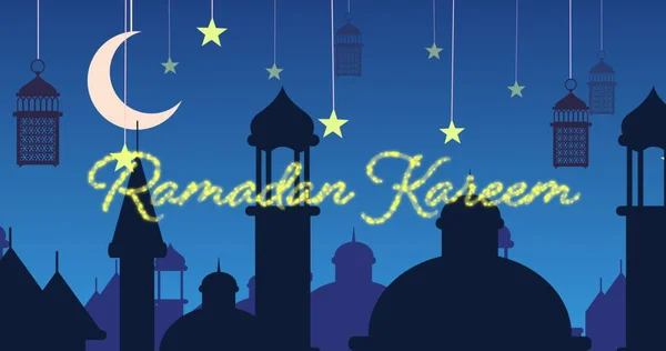 Digitales Bild Eines Goldglänzenden Ramadan Kareem Grußes Mit Blauem Hintergrund — Stockfoto