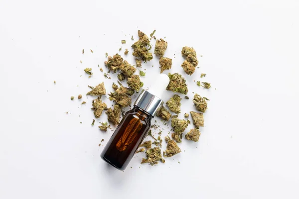Bild Einer Flasche Cbd Auf Weißer Oberfläche Cbd Medizinisches Marihuana — Stockfoto