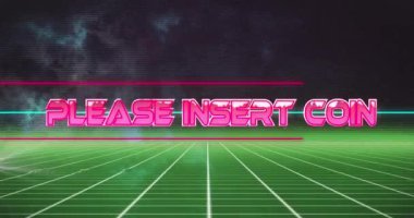Lütfen ızgara şablonu üzerine bozuk para metni ekleyin. Dijital olarak oluşturulmuş, hologram, soyut, atari, video oyunu ve yarışma konsepti.