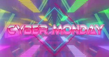 Siber pazartesi pankartıyla neon tünelin üzerinde pürüzsüz desenli bir animasyon. İndirim ve perakende iş konsepti