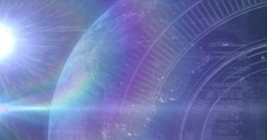 Işık noktası ve veri işleme animasyonu mavi arka planda. Küresel ağ ve iş teknolojisi kavramı