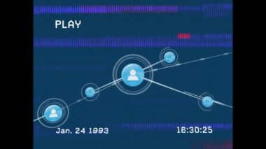 Mavi arkaplana karşı profil simgelerinin ağ üzerindeki vhs hata efektinin animasyonu. Küresel ağ ve iş teknolojisi kavramı