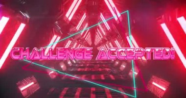 Meydan okumanın animasyonu kabul edilmiş metin afişi neon kırmızı parlak tünel üzerinde pürüzsüz desenli. Video oyunu arayüzü ve teknoloji kavramı