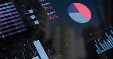 Manzara üzerinde veri işleme animasyonu. Dijital arayüz teknolojisi ve bağlantılar konsepti dijital olarak oluşturuldu.