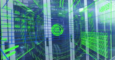 Bir bilgisayar sunucusunun kapatılmasıyla veri işleme animasyonu. Siber güvenlik ve iş veri depolama teknolojisi kavramı