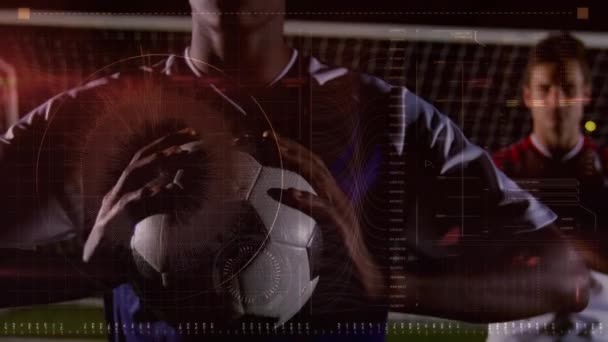 Animation Infographic Interface Portrait Multiracial Soccer Player Standing Playground Digital — Stock Video