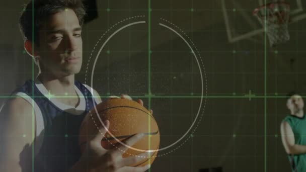 バスケットボール選手に対するデジタルデータ処理のアニメーション グローバルデータ処理とビジネスコンセプトデジタル生成ビデオ — ストック動画