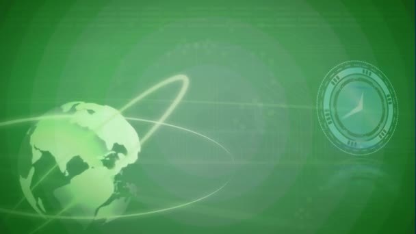 Анімація Годинника Рухається Швидко Всьому Світу Фіолетовому Фоні Глобальна Технологія — стокове відео