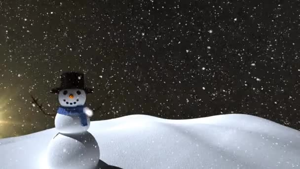 雪男と冬の風景の上に降る雪のアニメーション クリスマス お祝いのコンセプトデジタル生成ビデオ — ストック動画