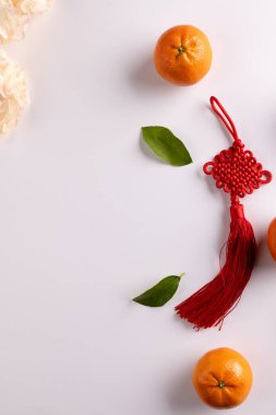 Beyaz arka planda çiçeklerin, dekorasyonların ve portakalların bileşimi. Çin yeni yılı, gelenek ve kutlama konsepti.