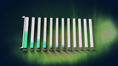 Siyah arkaplana karşı soyut yeşil kare şekillerin istatistiksel veri işleme animasyonu. Bilgisayar arayüzü ve iş teknolojisi kavramı