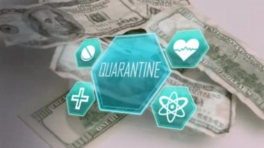 Gri arka plana düşen dolar banknotları üzerine karantina metinleri ve tıbbi ikonların animasyonu. Küresel ekonomi ve finans kavramı