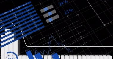 İstatistikler üzerinden finansal veri işleme animasyonu. Küresel iş dijital arayüzü teknolojisi ve dijital olarak oluşturulan ağ konsepti.