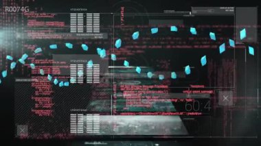 Veri işleme ve grafiğinin üzerindeki DNA ipliklerinin animasyonu. Dijital arayüz teknolojisi ve ağ konsepti dijital olarak oluşturuldu.