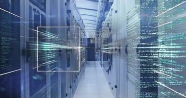 Arka plandaki depoya karşı ikili kodlama veri işlemesinin dijital bileşimi. Küresel teknoloji ve veri işleme kavramı dijital olarak oluşturulmuş video.