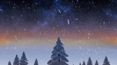 Kış manzarasına uzun ağaçlarla düşen kar tanelerinin animasyonu. Noel şenliği ve kutlama konsepti