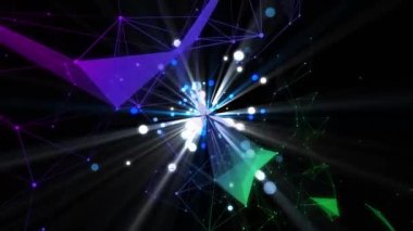 Siyah uzayda spot ışıklarının hareket edişinin animasyonu. Gece hayatı ve konser konsepti.