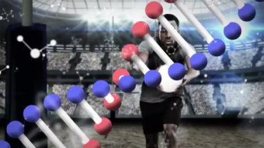 Afrika kökenli Amerikan erkek rugby oyuncusunun animasyonu ve spor stadyumunun üzerinde DNA ipliği. Küresel spor ve dijital arayüz kavramı dijital olarak oluşturulmuş video.