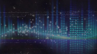 Işık noktaları ve siyah arkaplandaki mavi sütunlar üzerindeki parazit. Parti, kutlama ve dijital arayüz kavramı dijital olarak oluşturuldu.