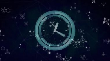 Siyah zemin üzerinde saatle çalışan moleküler yapıların ve bağlantı ağının animasyonu. Bilgisayar arayüzü ve iş teknolojisi kavramı