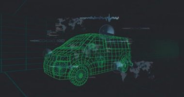 Siyah arka planda 3D model üzerinde veri işleme animasyonu. Küresel mühendislik ve otomotiv kavramı dijital video üretimi.