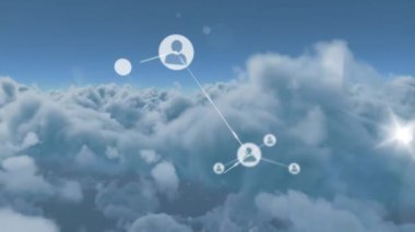 Mavi gökyüzündeki bulutlara karşı profil simgeleri ağının animasyonu. Küresel ağ ve iş teknolojisi kavramı