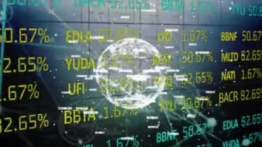 Simgelerin üzerinde bağlantılar ve simgeler olan dünyanın animasyonu. Dijital arayüz teknolojisi ve ağ konsepti dijital olarak oluşturulmuş video bağlantıları.