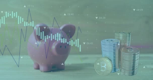 Animace Zpracování Finančních Dat Přes Peníze Bankovní Prase Globální Koncepce — Stock video