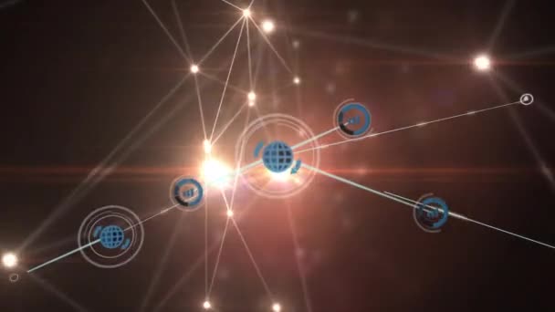 Анимация Светящейся Сети Цифровых Иконок Красном Фоне Концепция Глобальных Сетей — стоковое видео