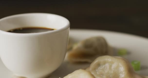 黒を基調とした餃子と醤油の箸 食べ物 飲み物 色のコンセプト — ストック動画