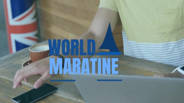 Animation World Maratine Day Text Midsection Man Using Smartphone Cafe — Αρχείο Βίντεο