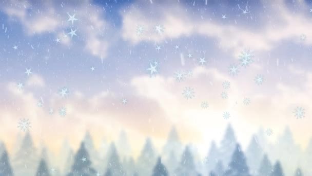 Animacja Śniegu Ikon Gwiazd Spadających Nad Zimowym Krajobrazem Wysokimi Drzewami — Wideo stockowe