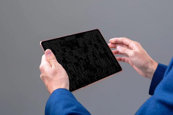 Hands Caucasian Male Programmer Using Tablet Coding Screen Coding Programming — Stock Photo, Image