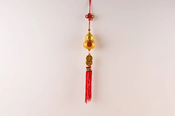 Composition of red chinese decoration on white background. Chinese new year, tradition and celebration concept.