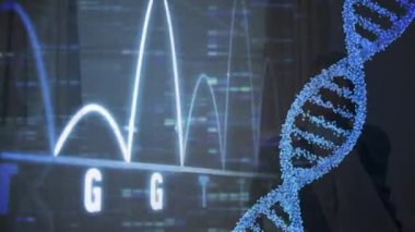 Mozaik karelere karşı dönen DNA yapısı ve kalp atış hızı monitörü animasyonu. Tıbbi araştırma ve sağlık teknolojisi kavramı