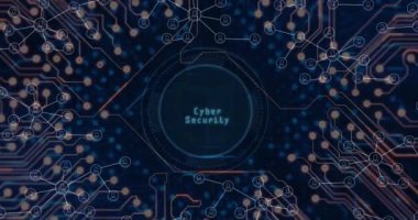 Siyah arka planda veri işleme üzerinde hareket eden saatin animasyonu. Dijital arayüz ve veri işleme kavramını dijital olarak oluşturan küresel bağlantılar.