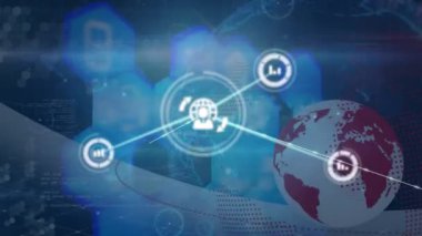 Animation of network of digital icons over spinning globe against blue background. Global networking and business technology concept