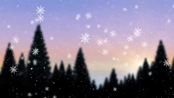 背の高い木と冬の風景の上に落ちる雪片のアニメーション クリスマスのお祭りとお祝いのコンセプト — ストック動画