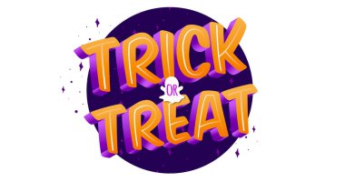 Cadılar bayramı şakası ya da kandırmaca turuncu metnin beyaz arka planda mor çember üzerindeki bileşimi. Cadılar bayramı geleneği ve kutlama konsepti dijital olarak oluşturuldu.