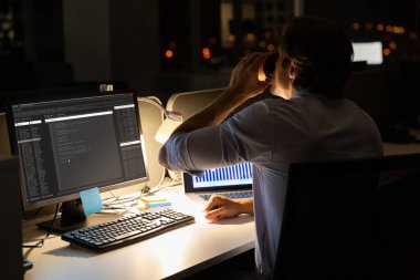 Kafkas erkek programcı masada oturuyor, kahve içiyor, ekranda kodlu bilgisayar kullanıyor. Kodlama, programlama ve bilgisayar teknolojisi dijital kompozit görüntü.