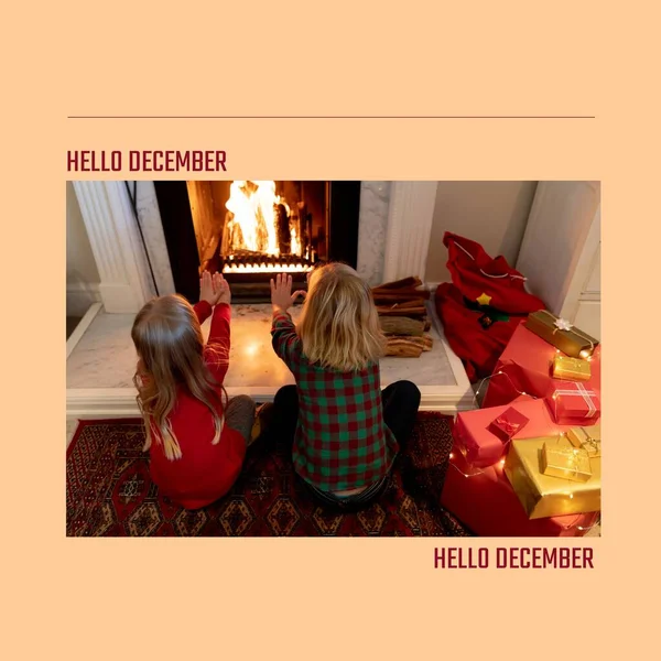 Composição Texto Olá Dezembro Sobre Irmãos Caucasianos Natal Conceito Natal — Fotografia de Stock