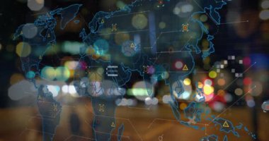 Dünya haritası üzerinde veri işleme animasyonu. küresel iş ve dijital arayüz kavramı dijital olarak oluşturulmuş video.