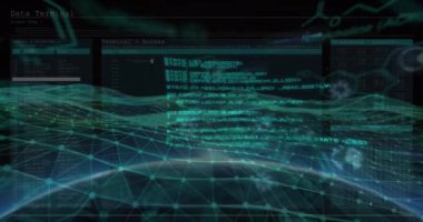 Programlama dili ve ses dalgası üzerinde dijital dalga desenli yüzen simgelerin animasyonu. Dijital olarak üretilmiş, hologram, kodlama, veri, geometrik şekil, model ve teknoloji konsepti.