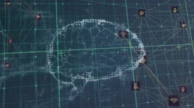 Uygulama simgeleri üzerindeki dijital beynin çizgiler ve soyut örüntülerle birleşmesi. Dijital olarak üretilmiş, hologram, anatomi, yapay zeka ve teknoloji konsepti.